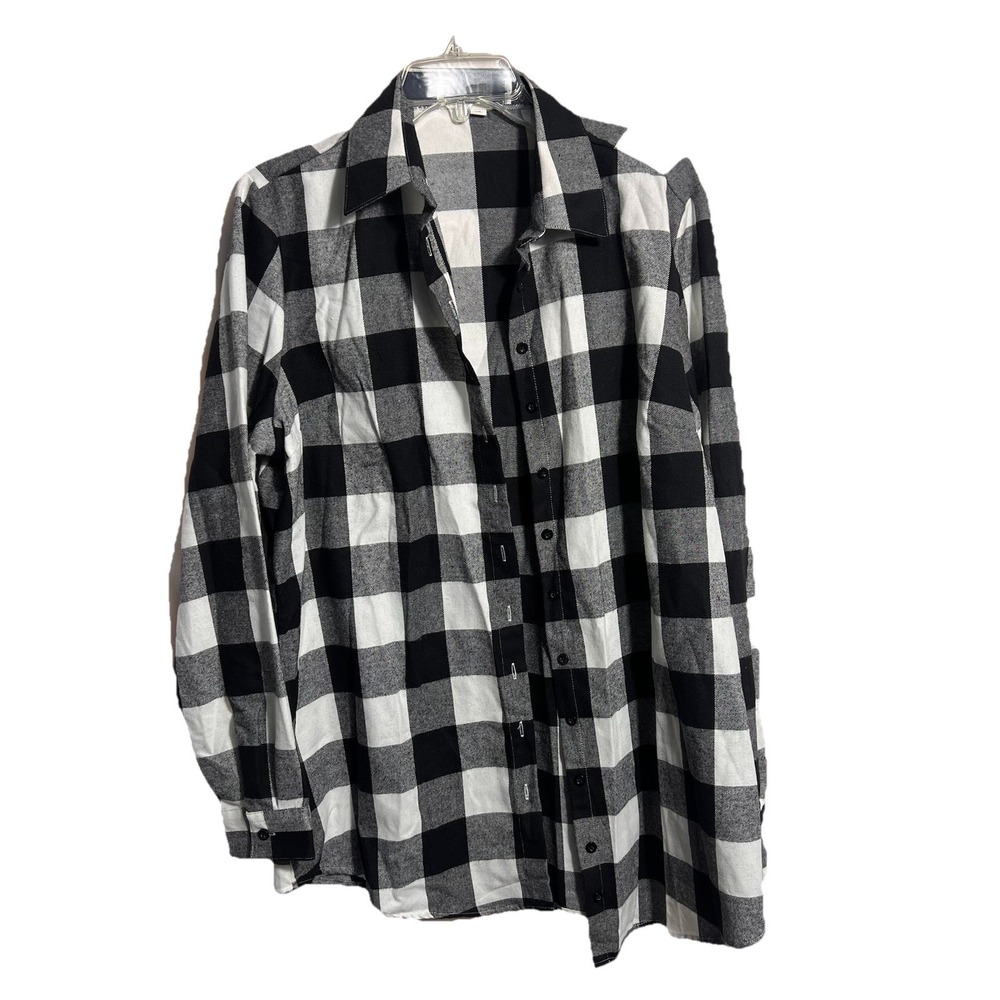 Women's‎ Haute Ed Sz XL Black & White Buffalo Check Long 33" Flannel Shirt Tunic